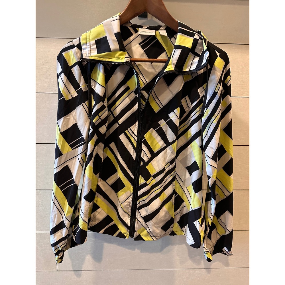 Chicos Zenergy Womens Full Zip Jacket Geometric Abstract Black Lime Green Size 0